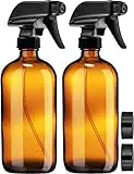 Empty Amber Glass Spray Bottles with Labels (2 Pack) - 16oz Refillable Container for Essential Oils, Cleaning Products, or Aromatherapy - Durable Black Trigger Sprayer w/Mist and Stream Settings